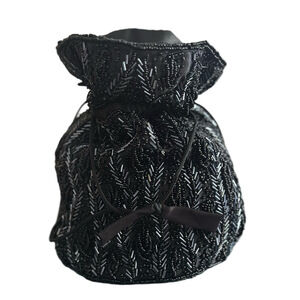 Vintage black beaded bucket bag drawstring bow detail